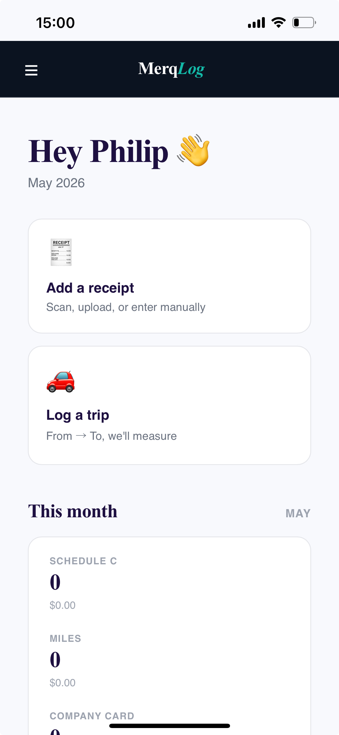 Merq Log home screen with a Hey Philip greeting, Add a receipt and Log a trip cards, and a This Month summary.