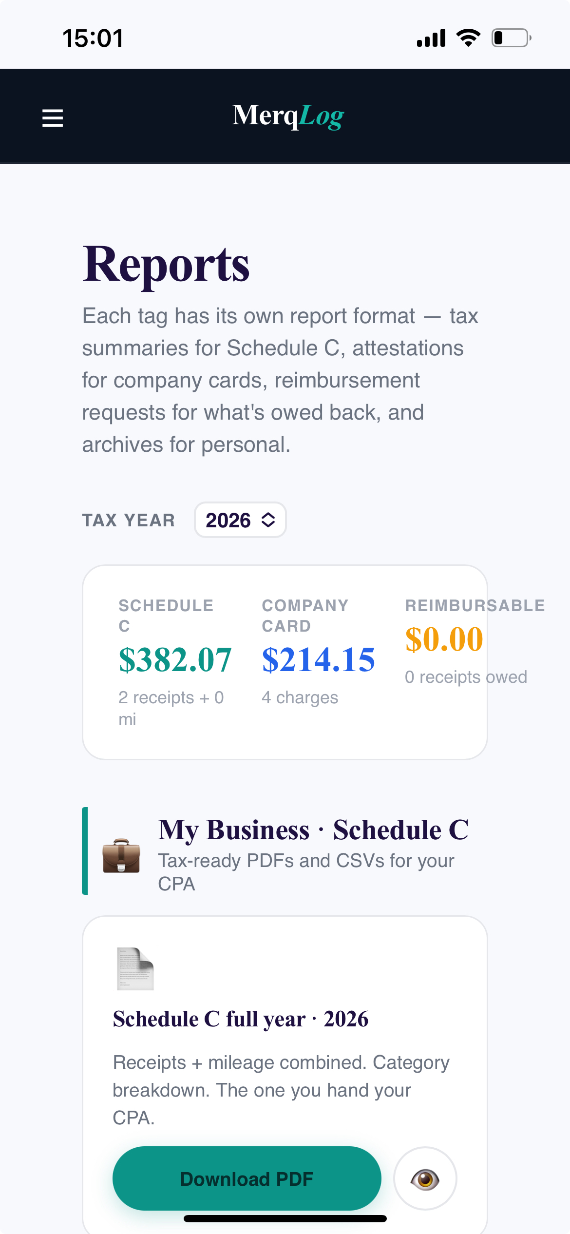 Merq Log Reports screen showing Schedule C $382.07 in mint, Company Card $214.15 in blue, and a Schedule C full year 2026 PDF download card.