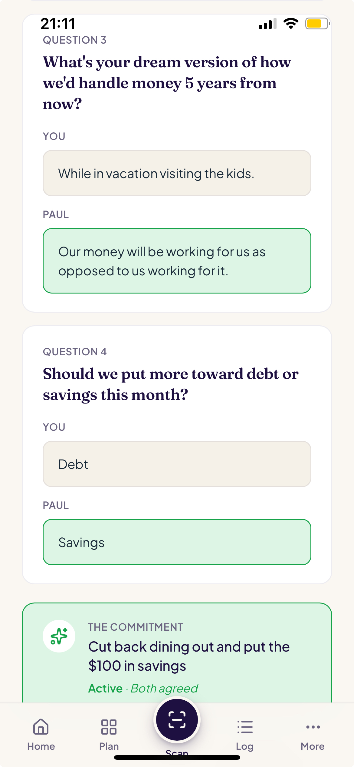 Merq Vault Money Conversations screen showing a guided conversation with a partner about long-term money goals, with both partners' answers visible and a shared commitment marked Both agreed.